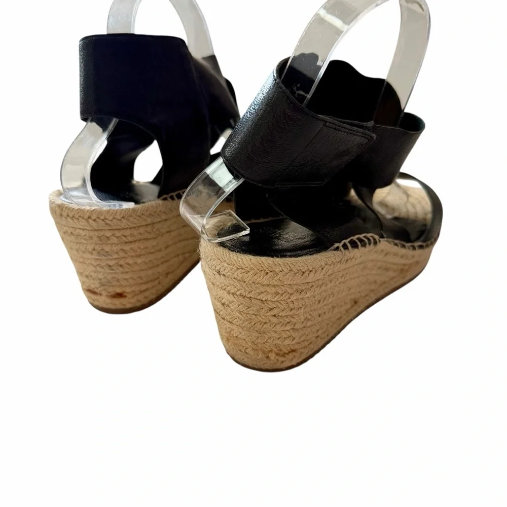 Eileen Fisher Willow Black Wedge Espadrille Platform Leather Sandals Size 8